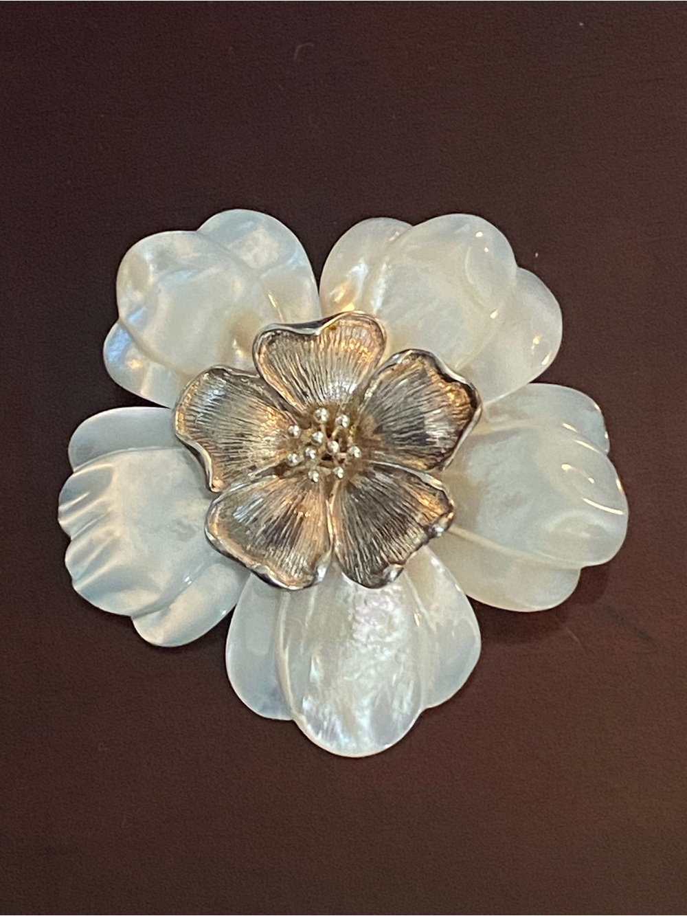BJ 925 Sterling Carved Mother of Pearl Flower Brooch Pendant Magnolia Blossom 2"